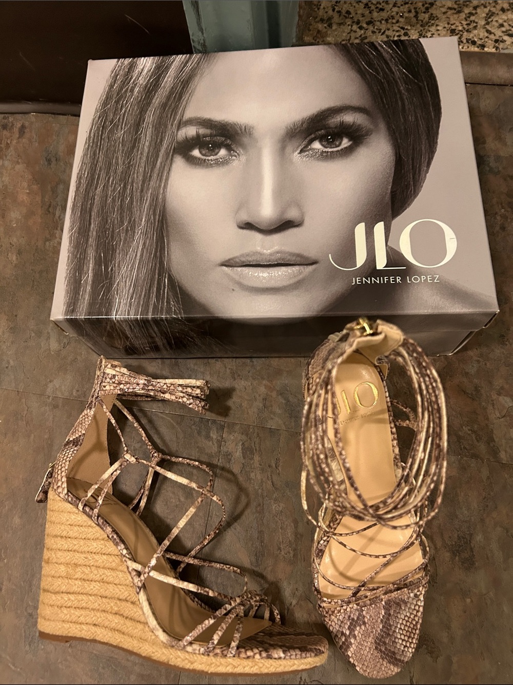 Jennifer Lopez Taupe Snake-Print Wedge Sandals with Jute Platform